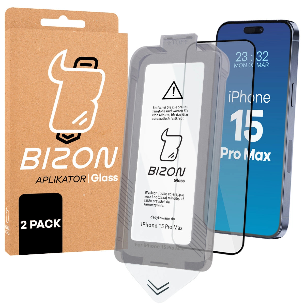 Gehärtetes Glas mit Rahmen zum einfachen Auftragen für iPhone 15 Pro Max, Bizon Glass Aplikator, 2 Stück
