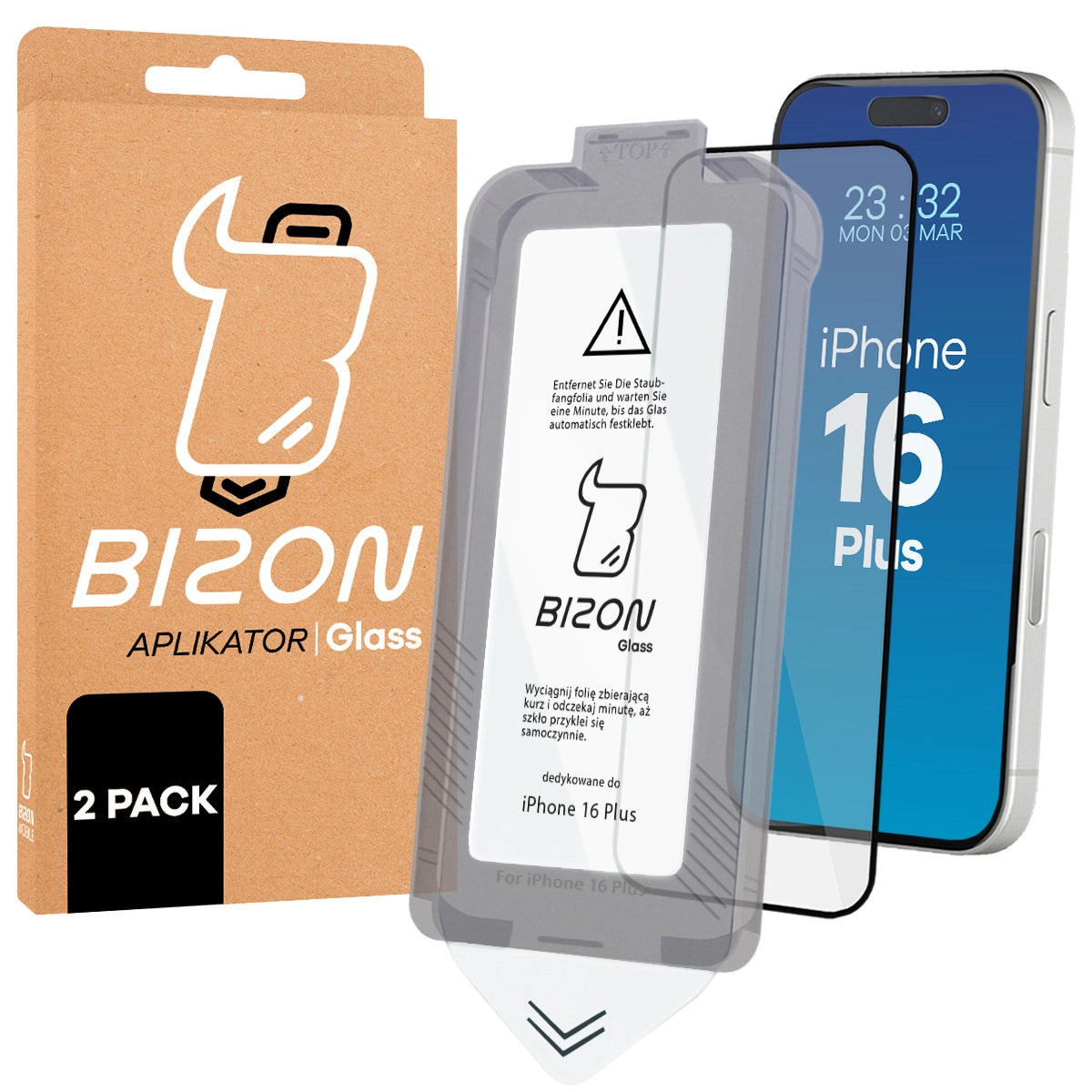 Gehärtetes Glas mit Rahmen zum einfachen Auftragen für iPhone 16 Plus, Bizon Glass Aplikator, 2 Stück