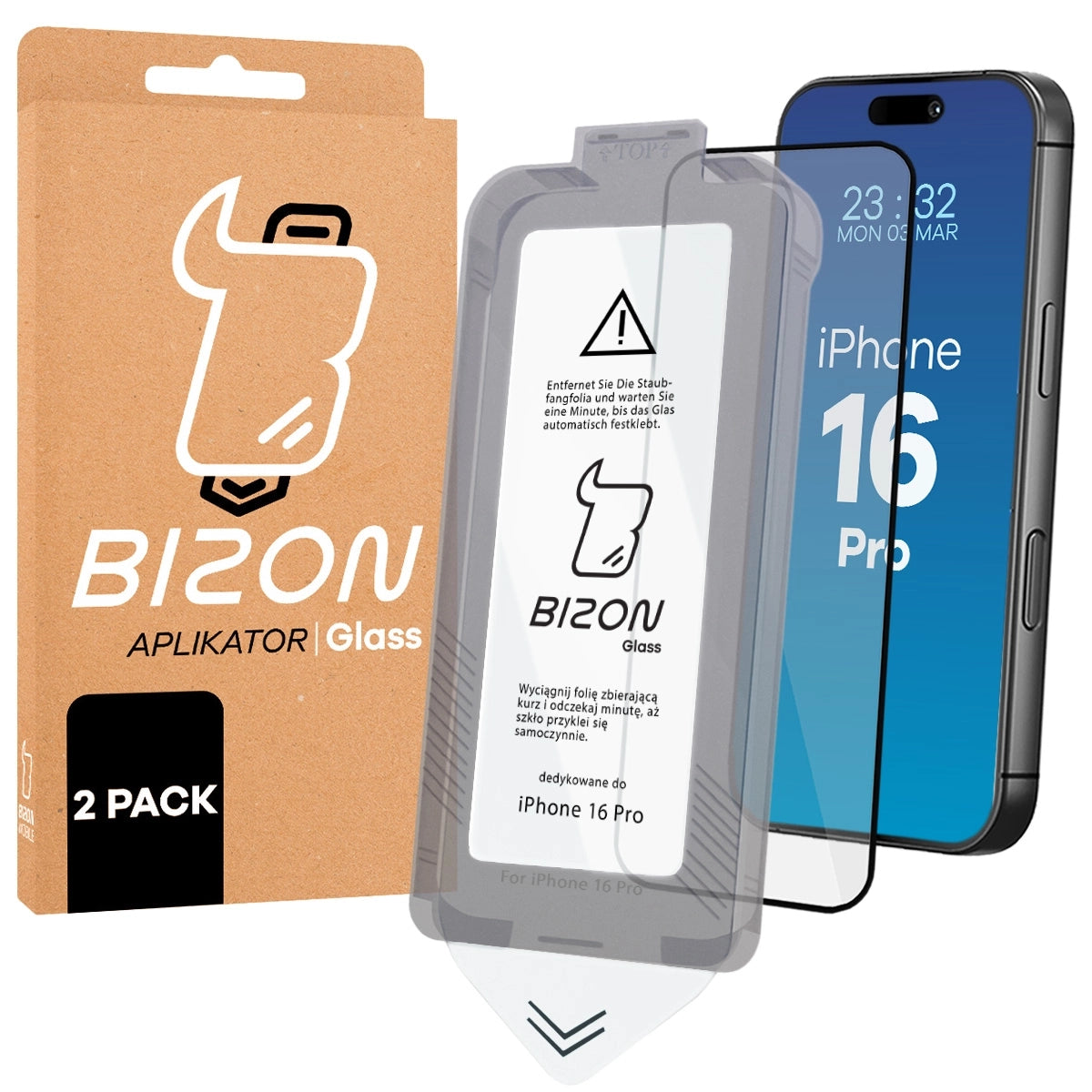 Gehärtetes Glas mit Rahmen zum einfachen Auftragen für iPhone 16 Pro, Bizon Glass Aplikator, 2 Stück