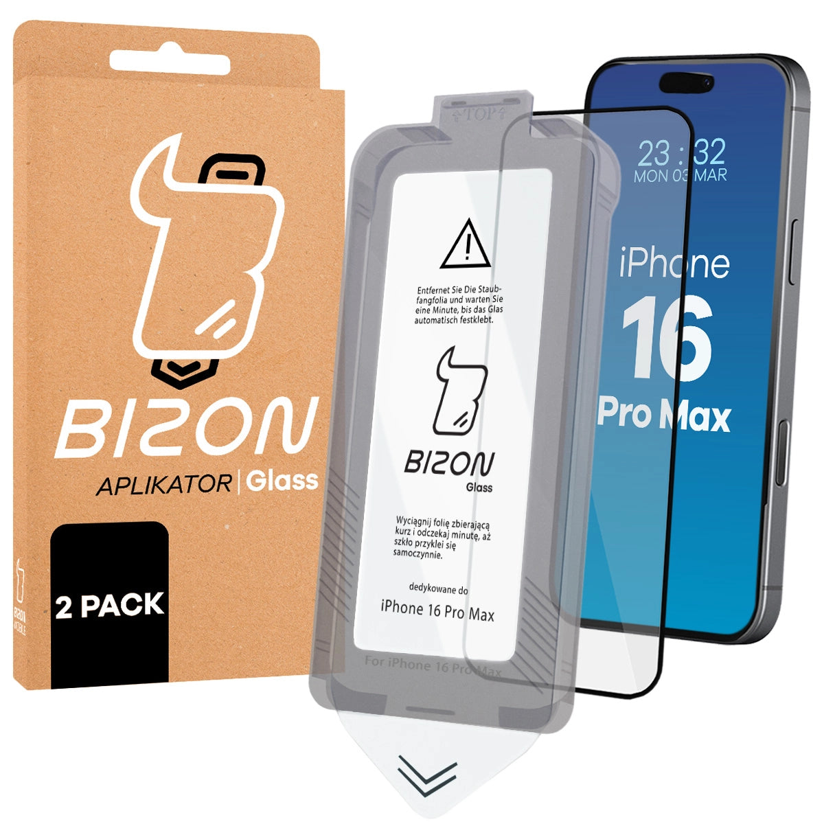 Gehärtetes Glas mit Rahmen zum einfachen Auftragen für iPhone 16 Pro Max, Bizon Glass Aplikator, 2 Stück