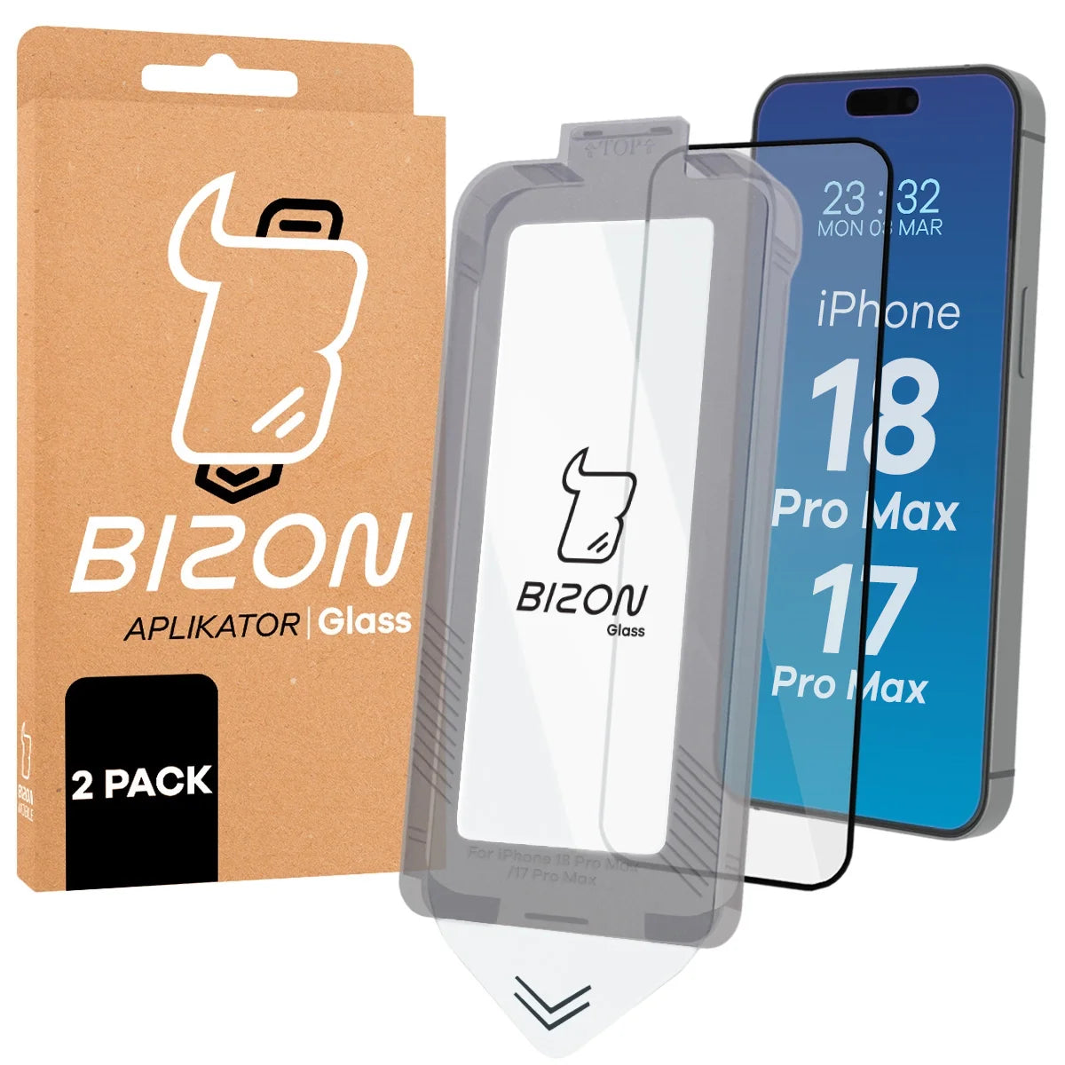 Gehärtetes Glas mit Rahmen zum einfachen Auftragen für iPhone 17 Pro Max, Bizon Glass Aplikator, 2 Stück