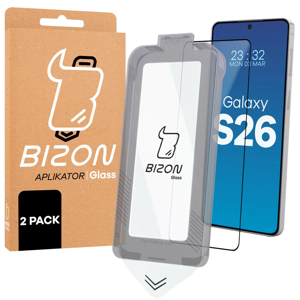 Gehärtetes Glas mit Rahmen zum einfachen Auftragen für Galaxy S26, Bizon Glass Aplikator, 2 Stück