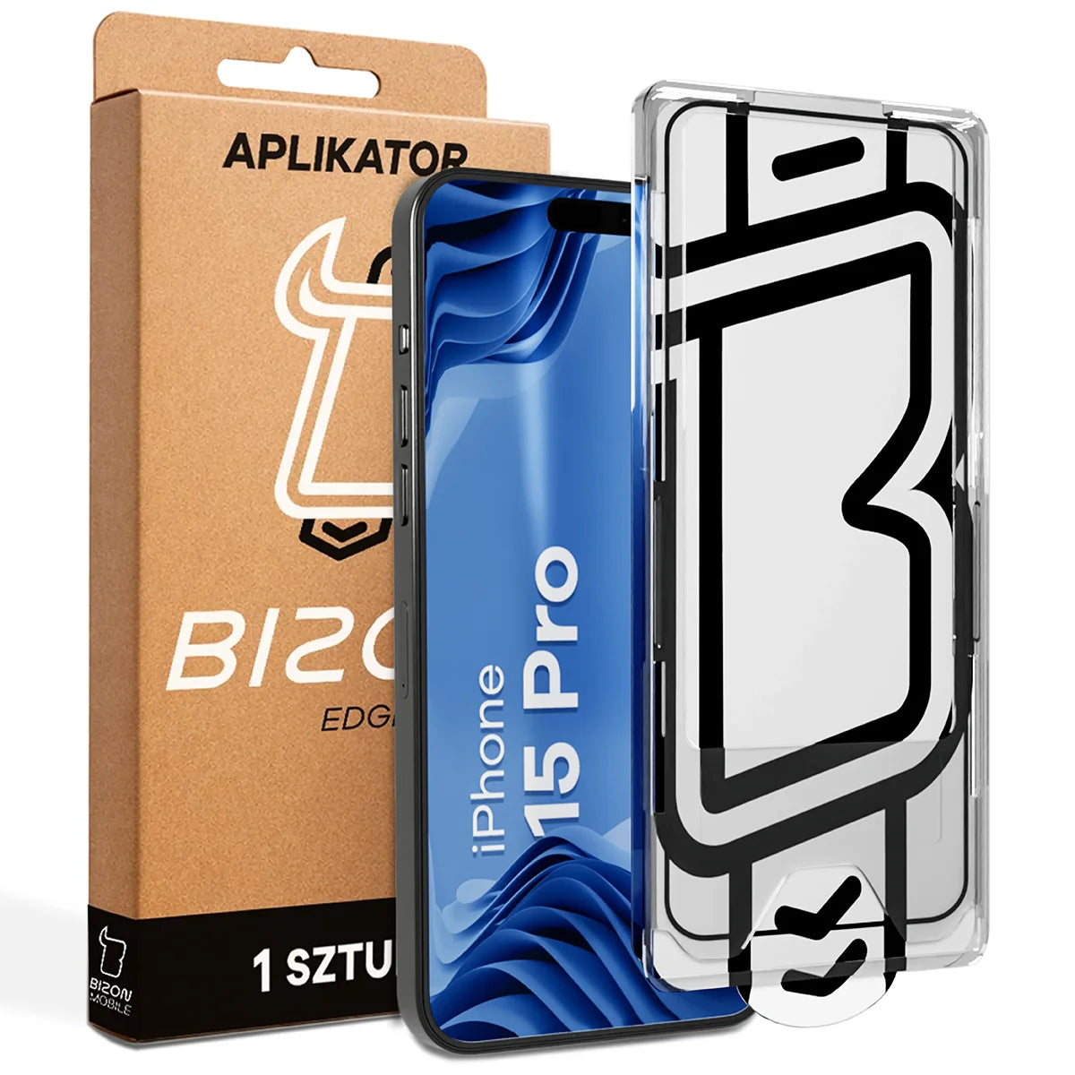 Gehärtetes Glas mit Applikationsrahme für iPhone 15 Pro, Bizon Glass Aplikator Edge, 1 Set
