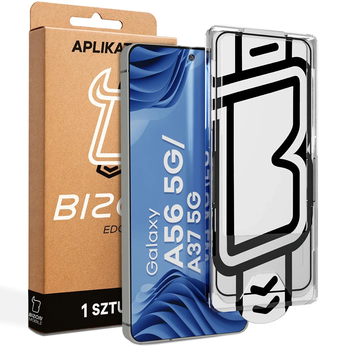 Gehärtetes Glas mit Applikationsrahme für Galaxy A56 5G / A37 5G, Bizon Glass Aplikator Edge, 1 Set