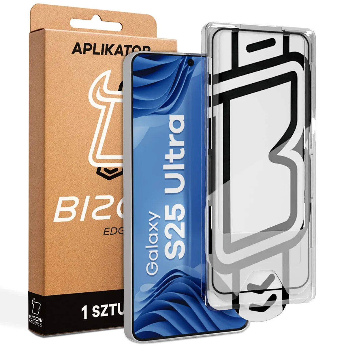 Gehärtetes Glas mit Applikationsrahme für Galaxy S25 Ultra, Bizon Glass Aplikator Edge, 1 Set