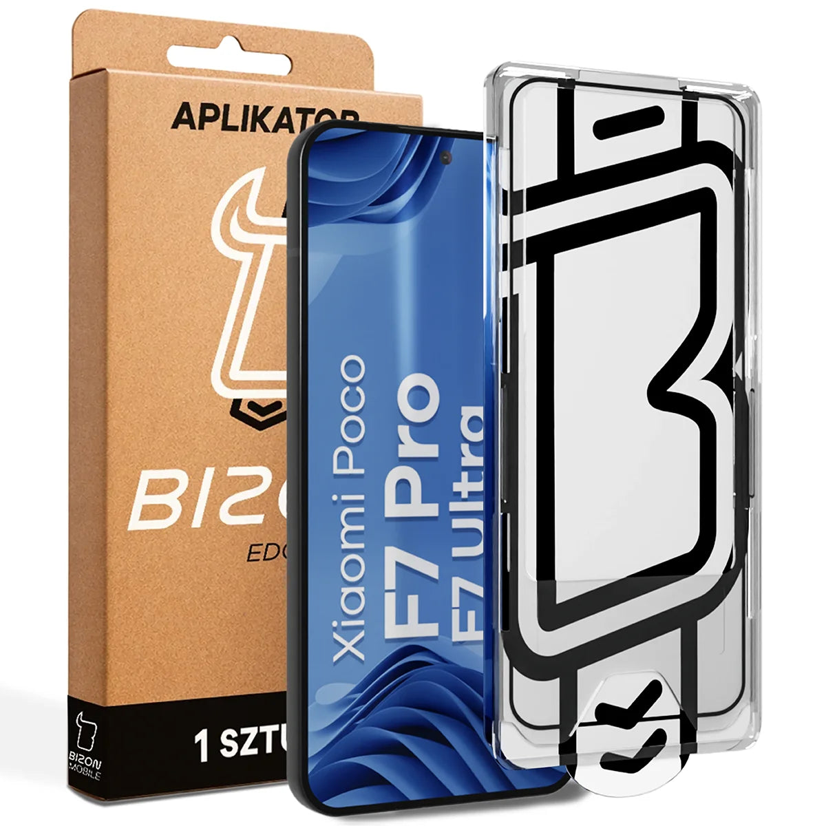 Gehärtetes Glas mit Applikationsrahme für Xiaomi POCO F7 Pro / F7 Ultra, Bizon Glass Aplikator Edge, 1 Set