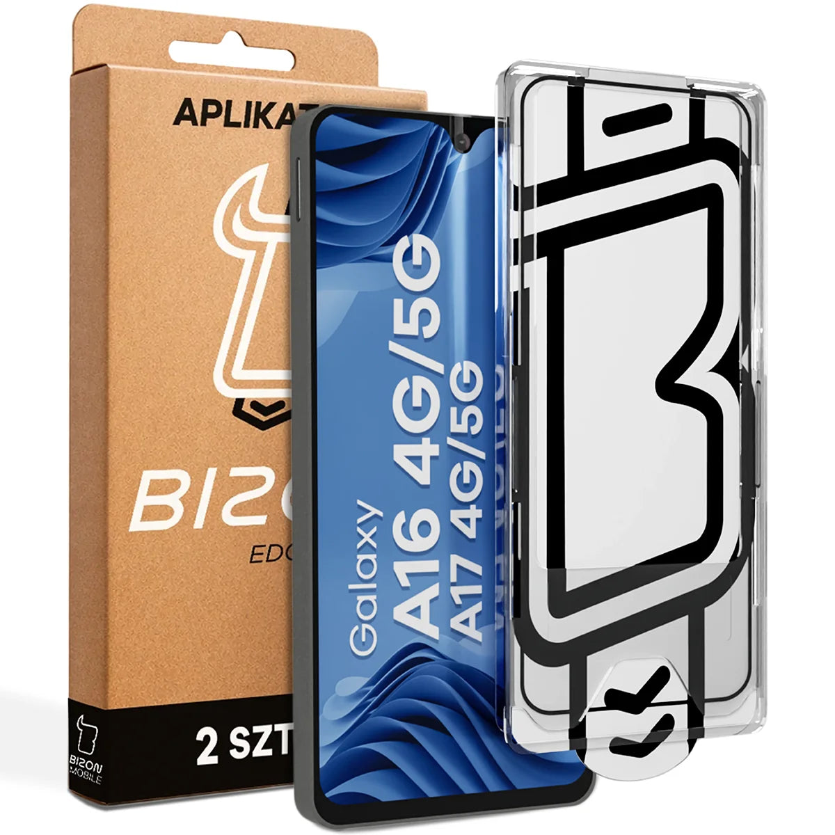 Gehärtetes Glas mit Applikationsrahme für Galaxy A16 / A17, Bizon Glass Aplikator Edge, 2 Sets