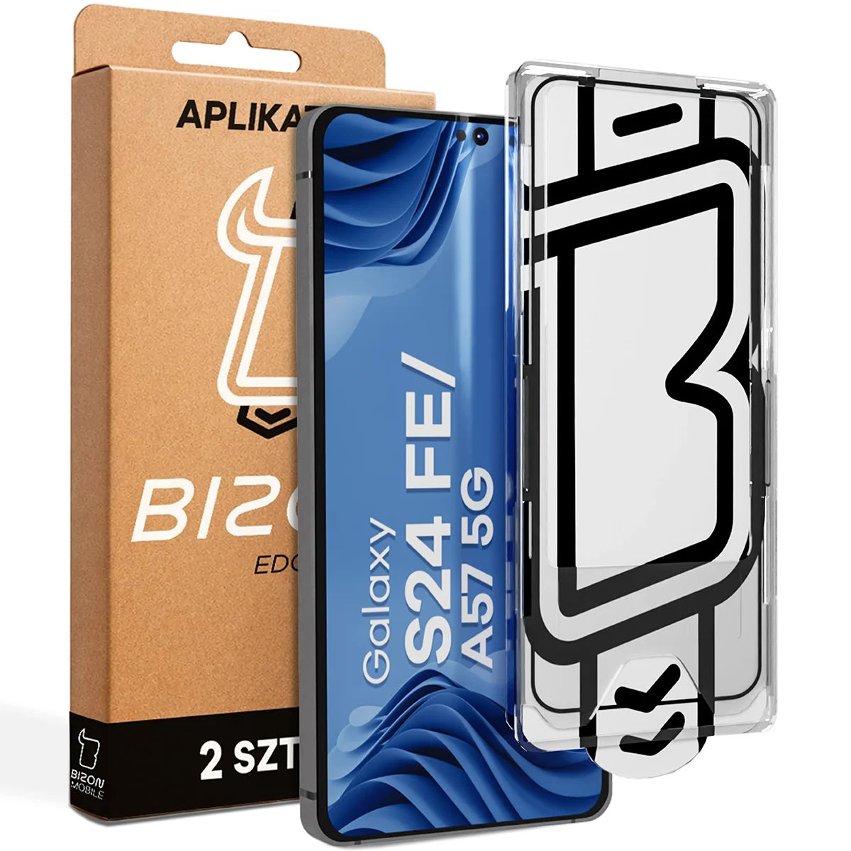 Gehärtetes Glas mit Applikationsrahme für Galaxy S24 FE / A57 5G, Bizon Glass Aplikator Edge, 2 Sets
