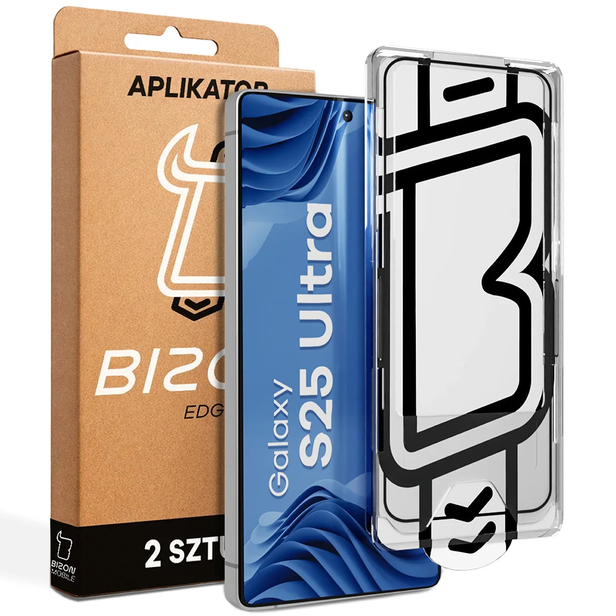 Gehärtetes Glas mit Applikationsrahme für Galaxy S25 Ultra, Bizon Glass Aplikator Edge, 2 Sets