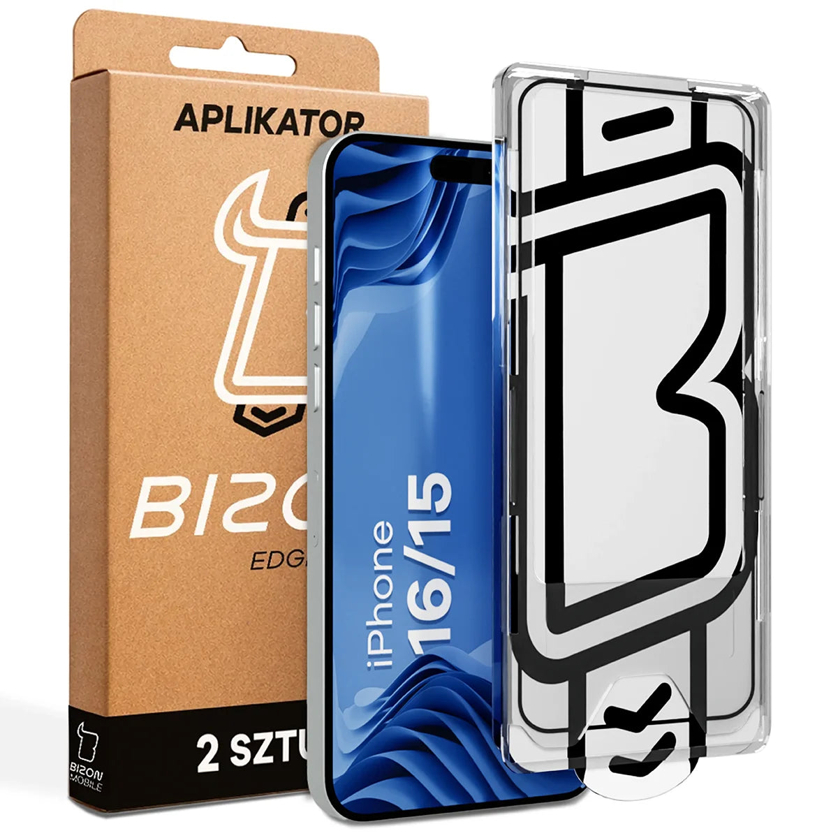 Gehärtetes Glas mit Applikationsrahme für iPhone 15 / 16, Bizon Glass Aplikator Edge, 2 Sets