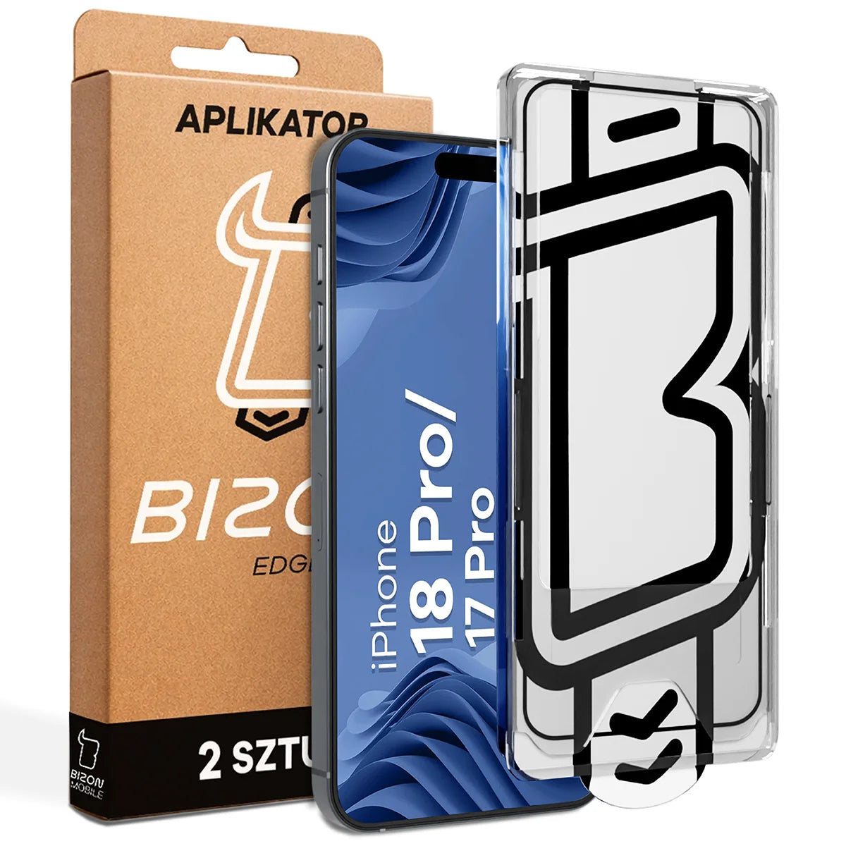 Gehärtetes Glas mit Applikationsrahme für iPhone 18 Pro / 17 Pro, Bizon Glass Aplikator Edge, 2 Sets