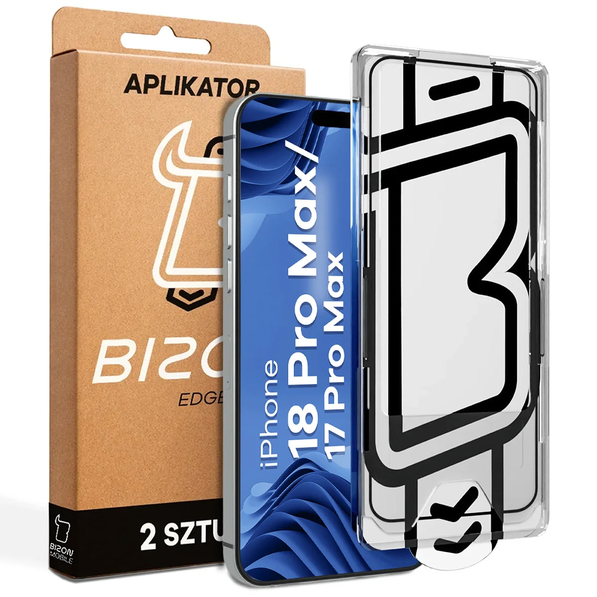 Gehärtetes Glas mit Applikationsrahme für iPhone 18 Pro Max / 17 Pro Max, Bizon Glass Aplikator Edge, 2 Sets