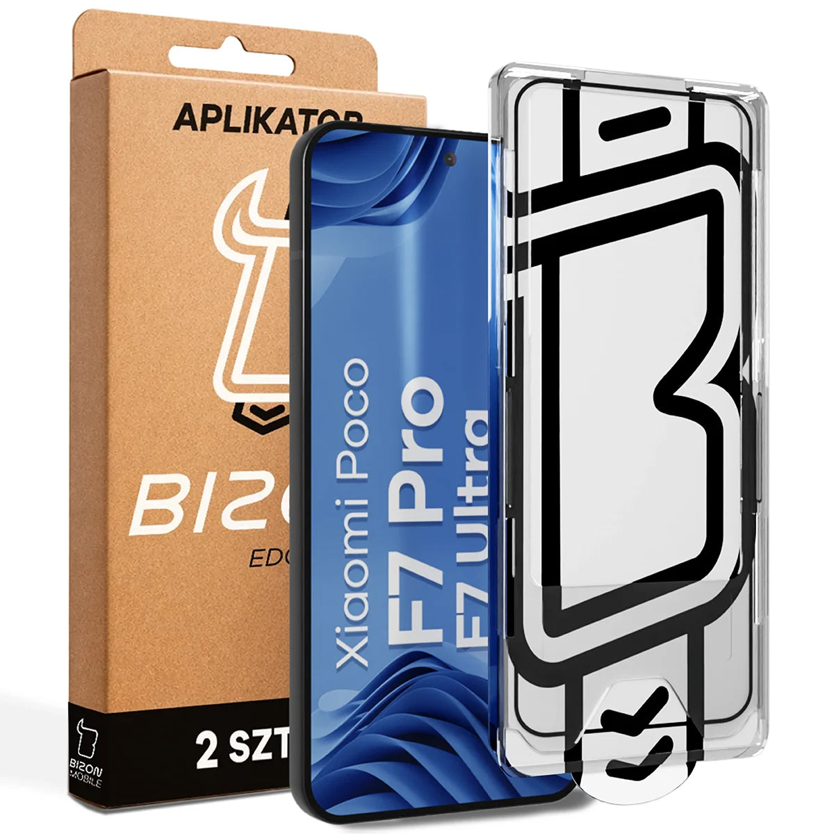 Gehärtetes Glas mit Applikationsrahme für Xiaomi POCO F7 Pro / F7 Ultra, Bizon Glass Aplikator Edge, 2 Sets