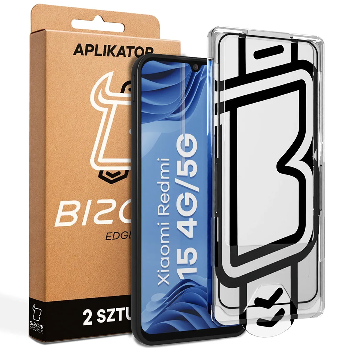 Gehärtetes Glas mit Applikationsrahme für Xiaomi Redmi 15 4G / 5G, Bizon Glass Aplikator Edge, 2 Sets
