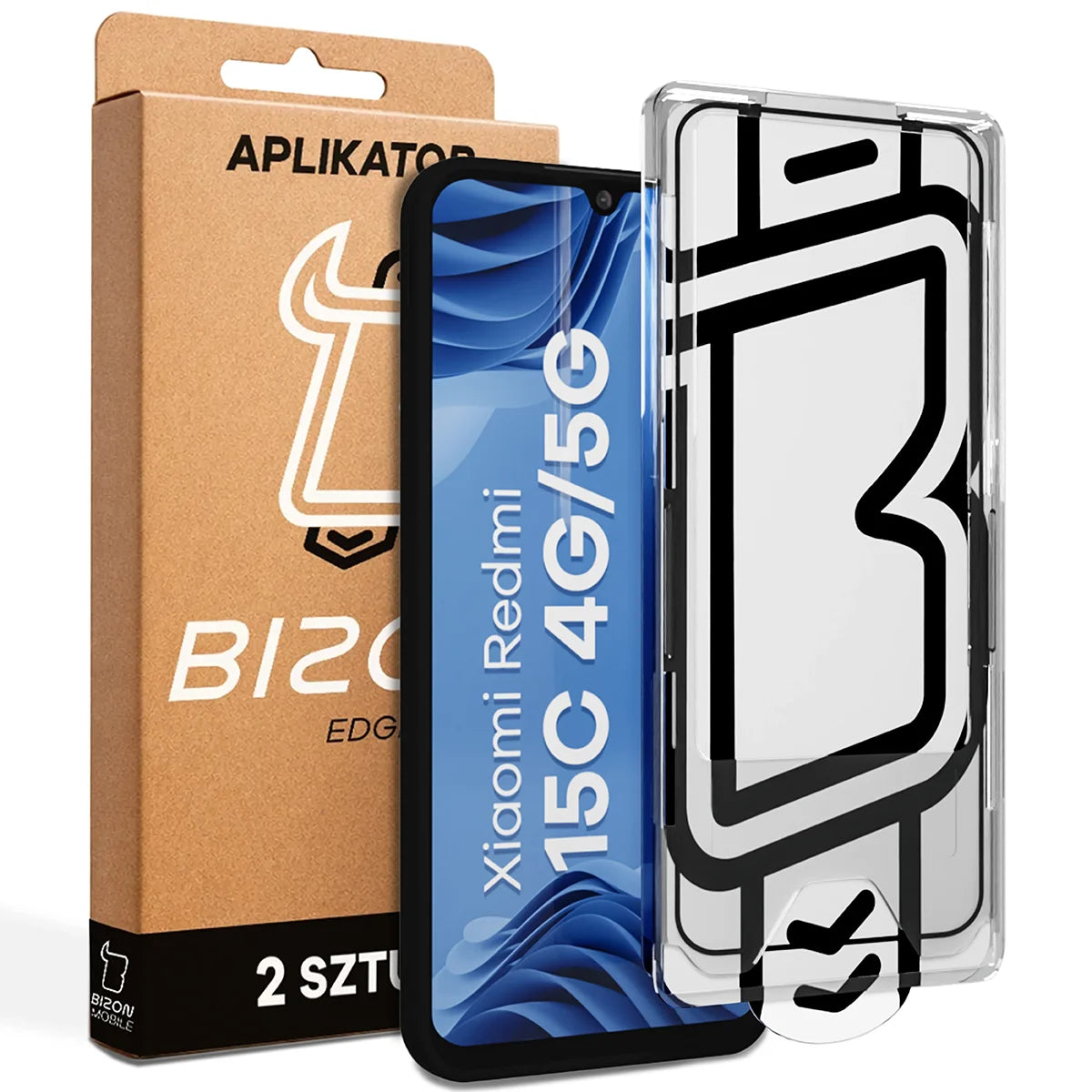 Gehärtetes Glas mit Applikationsrahme für Xiaomi Redmi 15C 4G / 5G, Bizon Glass Aplikator Edge, 2 Sets