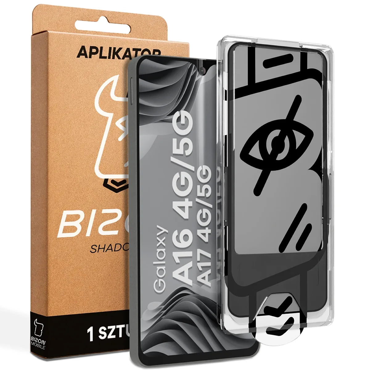 Gehärtetes Glas mit Privatschutzfilter und Applikationsrahmen für Galaxy A16 / A17, Bizon Glass Aplikator Shadow, 1 Set