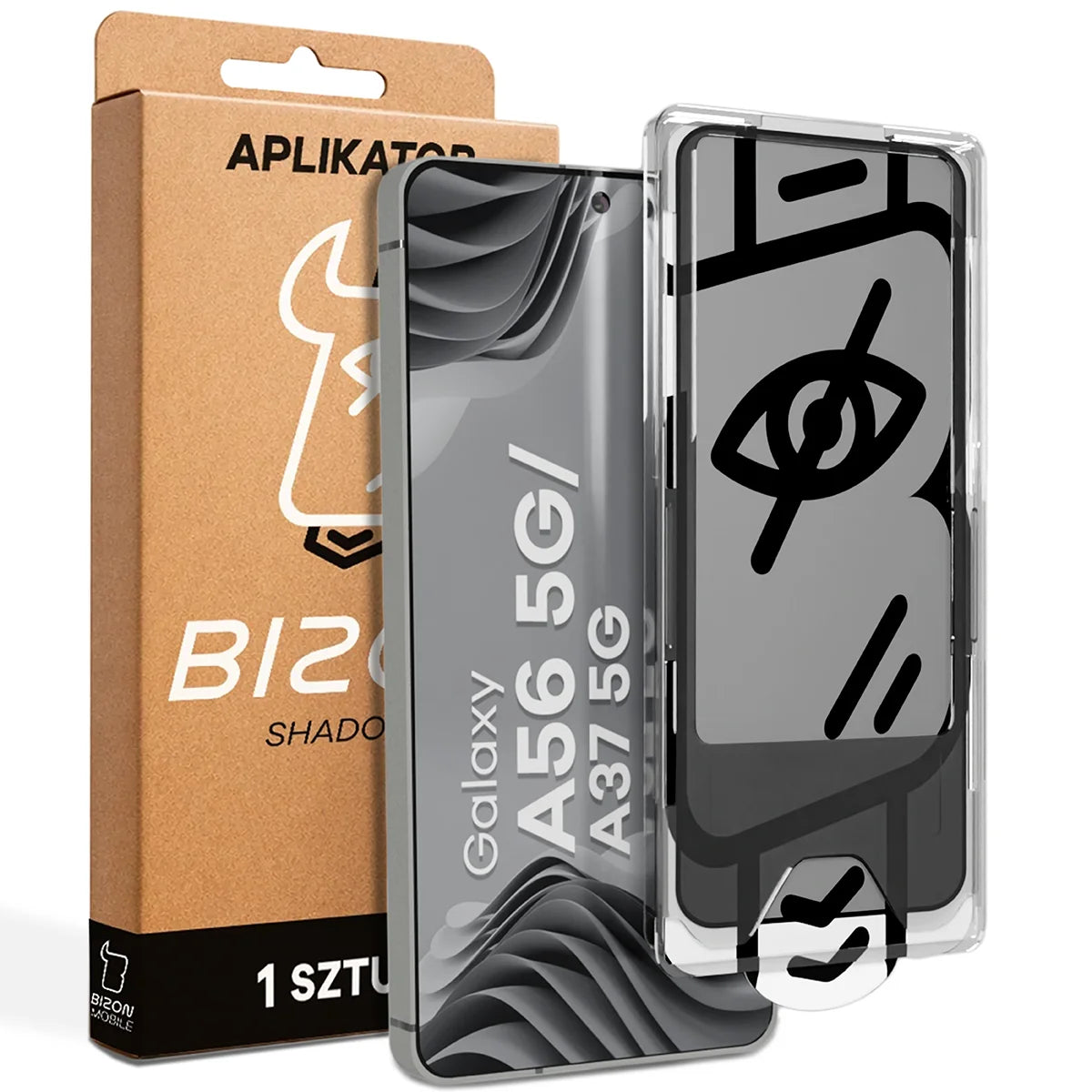 Gehärtetes Glas mit Privatschutzfilter und Applikationsrahmen für Galaxy A56 5G / A37 5G, Bizon Glass Aplikator Shadow, 1 Set