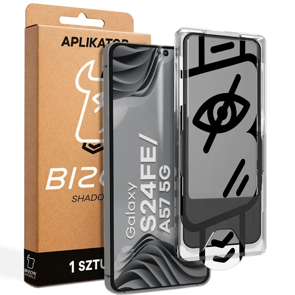 Gehärtetes Glas mit Privatschutzfilter und Applikationsrahmen für Galaxy S24 FE / A57 5G, Bizon Glass Aplikator Shadow, 1 Set
