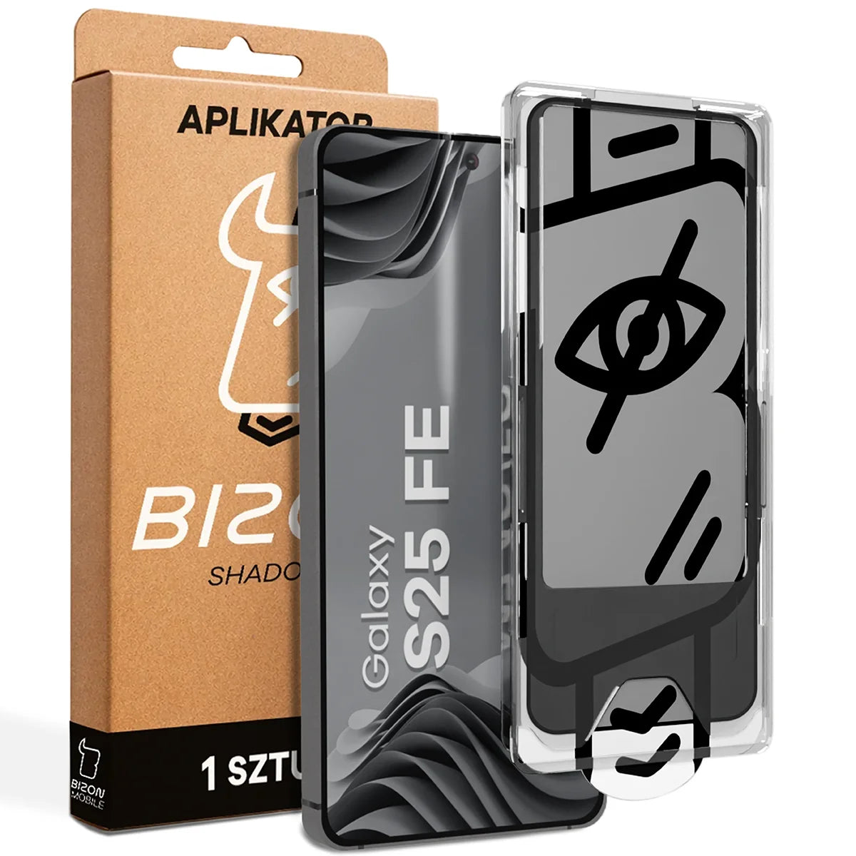 Gehärtetes Glas mit Privatschutzfilter und Applikationsrahmen für Galaxy S25 FE, Bizon Glass Aplikator Shadow, 1 Set