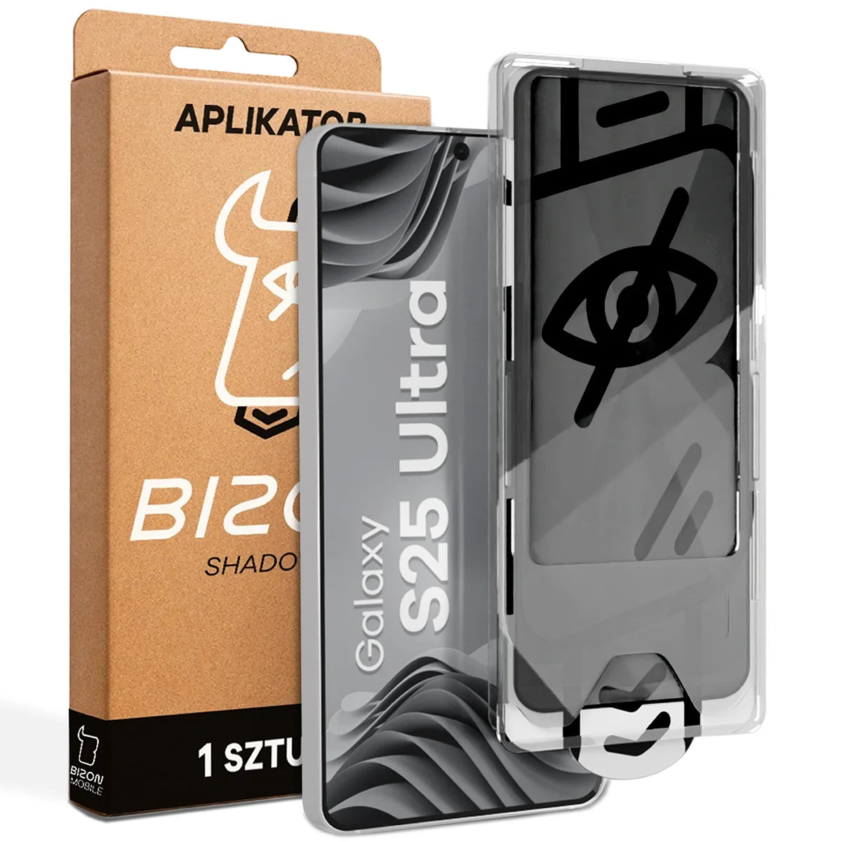 Gehärtetes Glas mit Privatschutzfilter und Applikationsrahmen für Galaxy S25 Ultra, Bizon Glass Aplikator Shadow, 1 Set