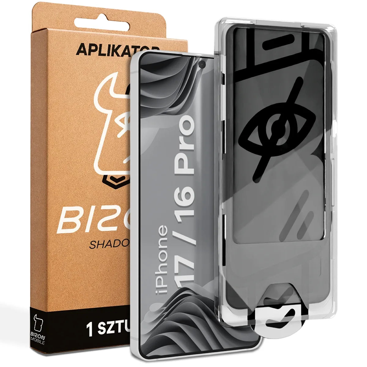 Gehärtetes Glas mit Privatschutzfilter und Applikationsrahmen für iPhone 16 Pro / 17, Bizon Glass Aplikator Shadow, 1 Set