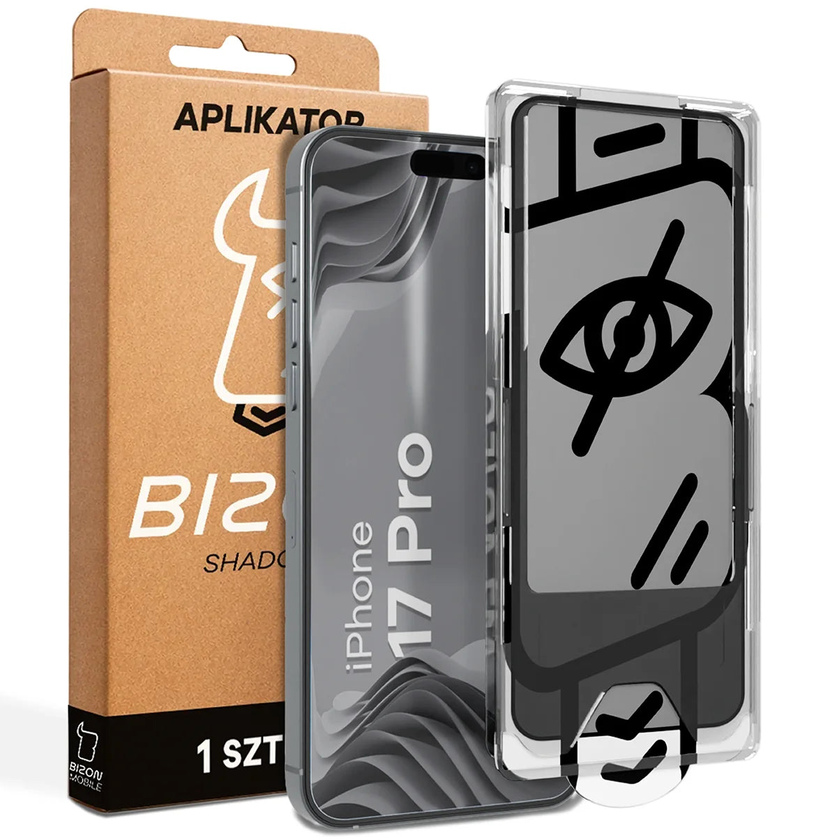Gehärtetes Glas mit Privatschutzfilter und Applikationsrahmen für iPhone 17 Pro, Bizon Glass Aplikator Shadow, 1 Set