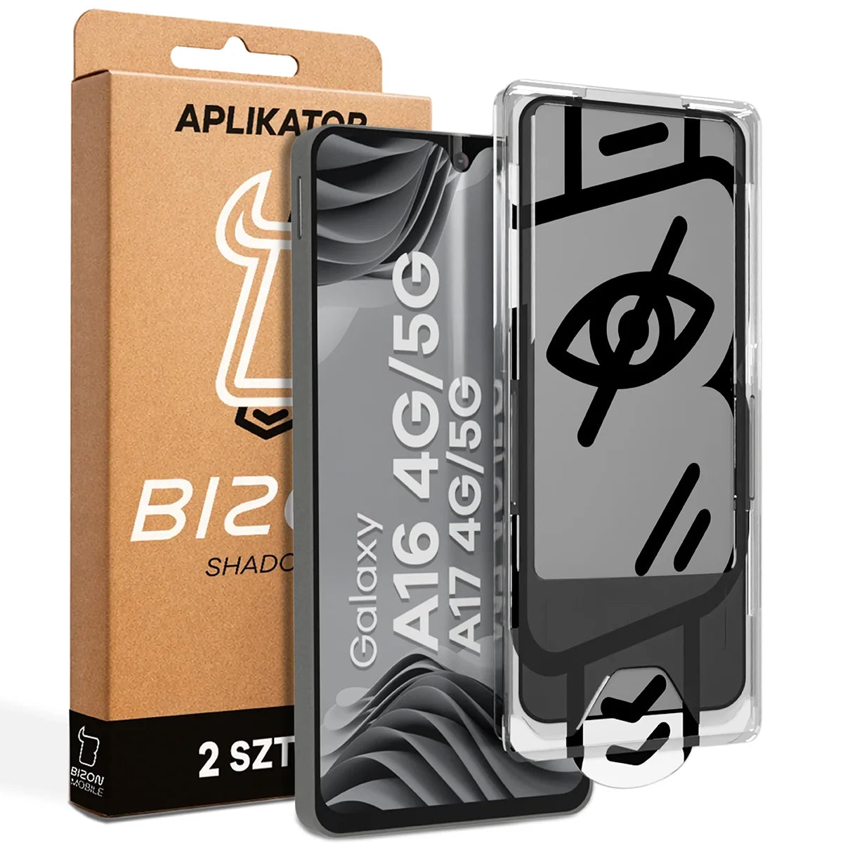 Gehärtetes Glas mit Privatschutzfilter und Applikationsrahmen für Galaxy A16 / A17, Bizon Glass Aplikator Shadow, 2 Sets