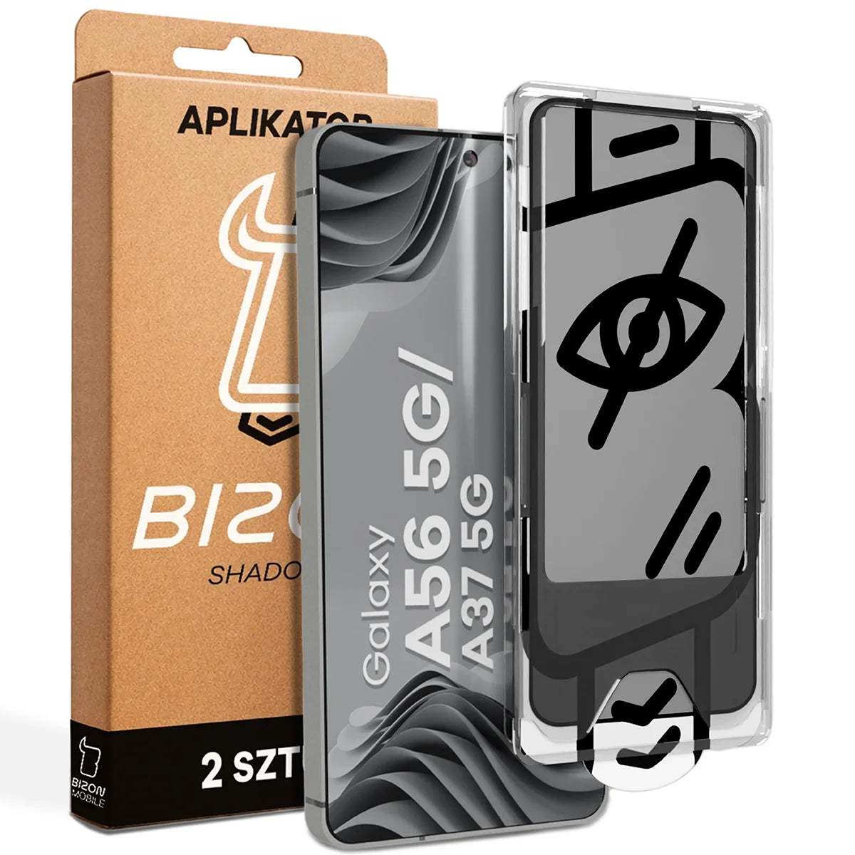 Gehärtetes Glas mit Privatschutzfilter und Applikationsrahmen für Galaxy A56 5G / A37 5G, Bizon Glass Aplikator Shadow, 2 Sets