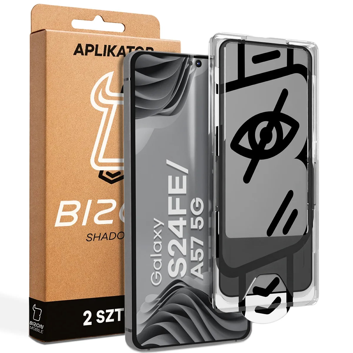 Gehärtetes Glas mit Privatschutzfilter und Applikationsrahmen für Galaxy S24 FE / A57 5G, Bizon Glass Aplikator Shadow, 2 Sets