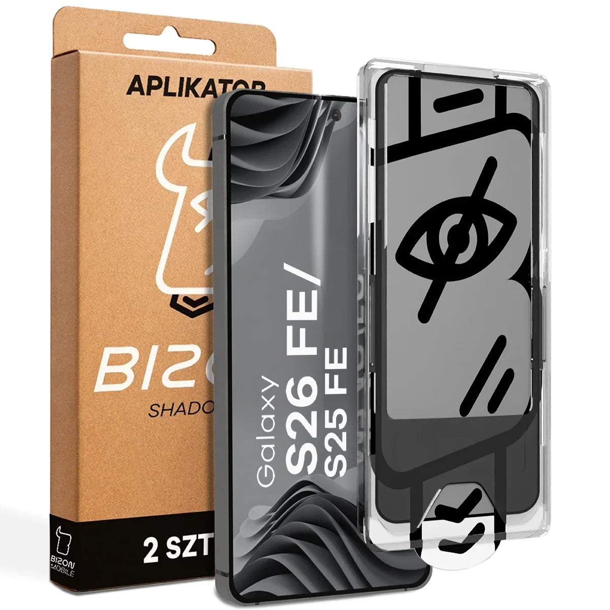 Gehärtetes Glas mit Privatschutzfilter und Applikationsrahmen für Galaxy S26 FE / S25 FE, Bizon Glass Aplikator Shadow, 2 Sets