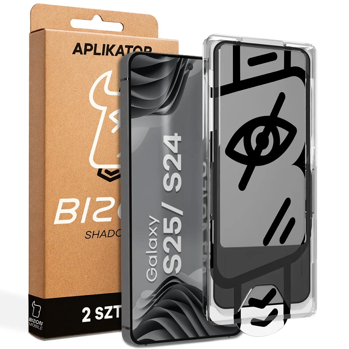 Gehärtetes Glas mit Privatschutzfilter und Applikationsrahmen für Galaxy S25 / S24, Bizon Glass Aplikator Shadow, 2 Sets