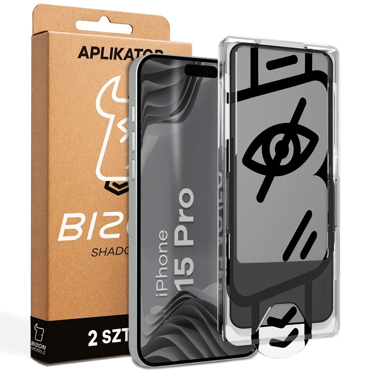 Gehärtetes Glas mit Privatschutzfilter und Applikationsrahmen für iPhone 15 Pro, Bizon Glass Aplikator Shadow, 2 Sets
