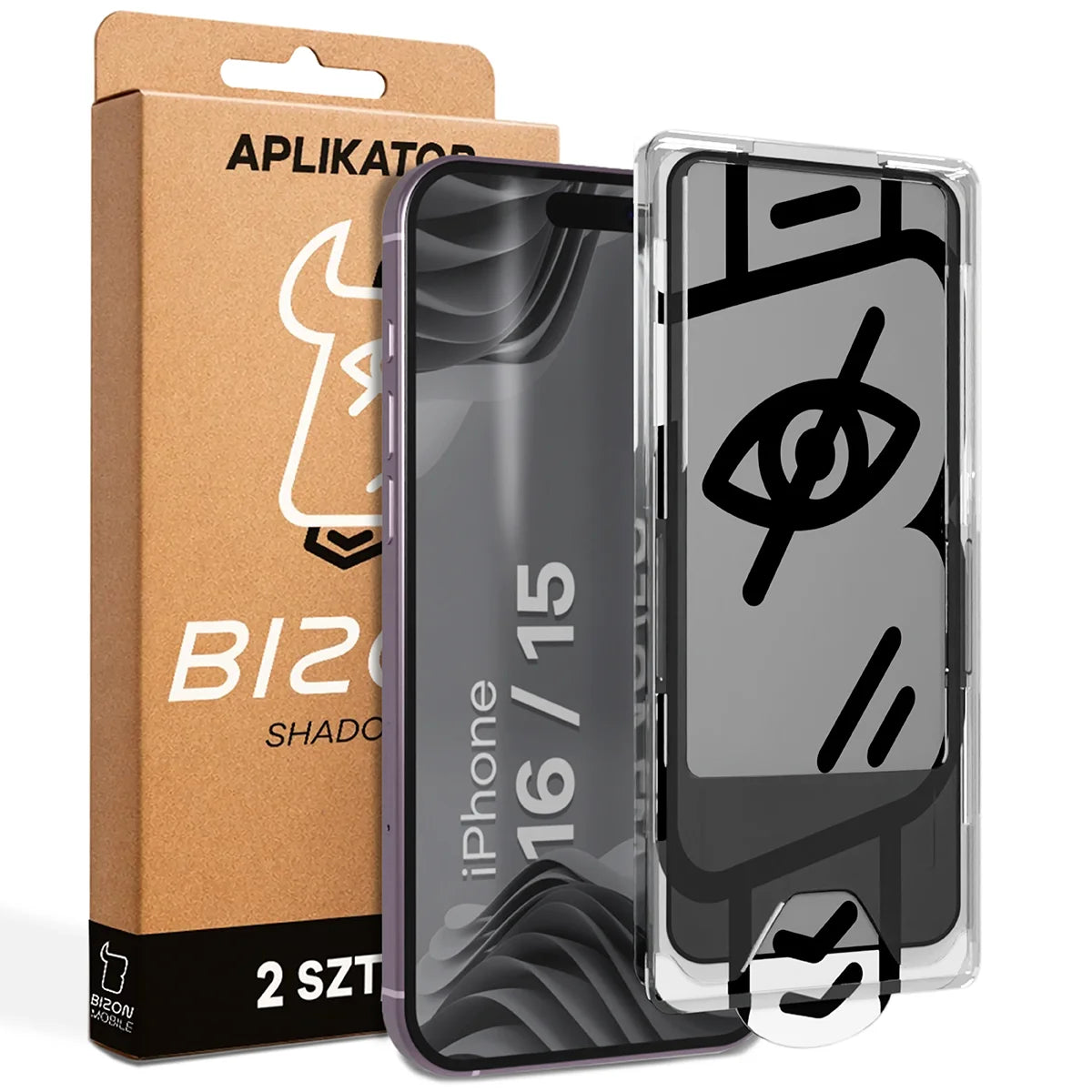 Gehärtetes Glas mit Privatschutzfilter und Applikationsrahmen für iPhone 15 / 16, Bizon Glass Aplikator Shadow, 2 Sets