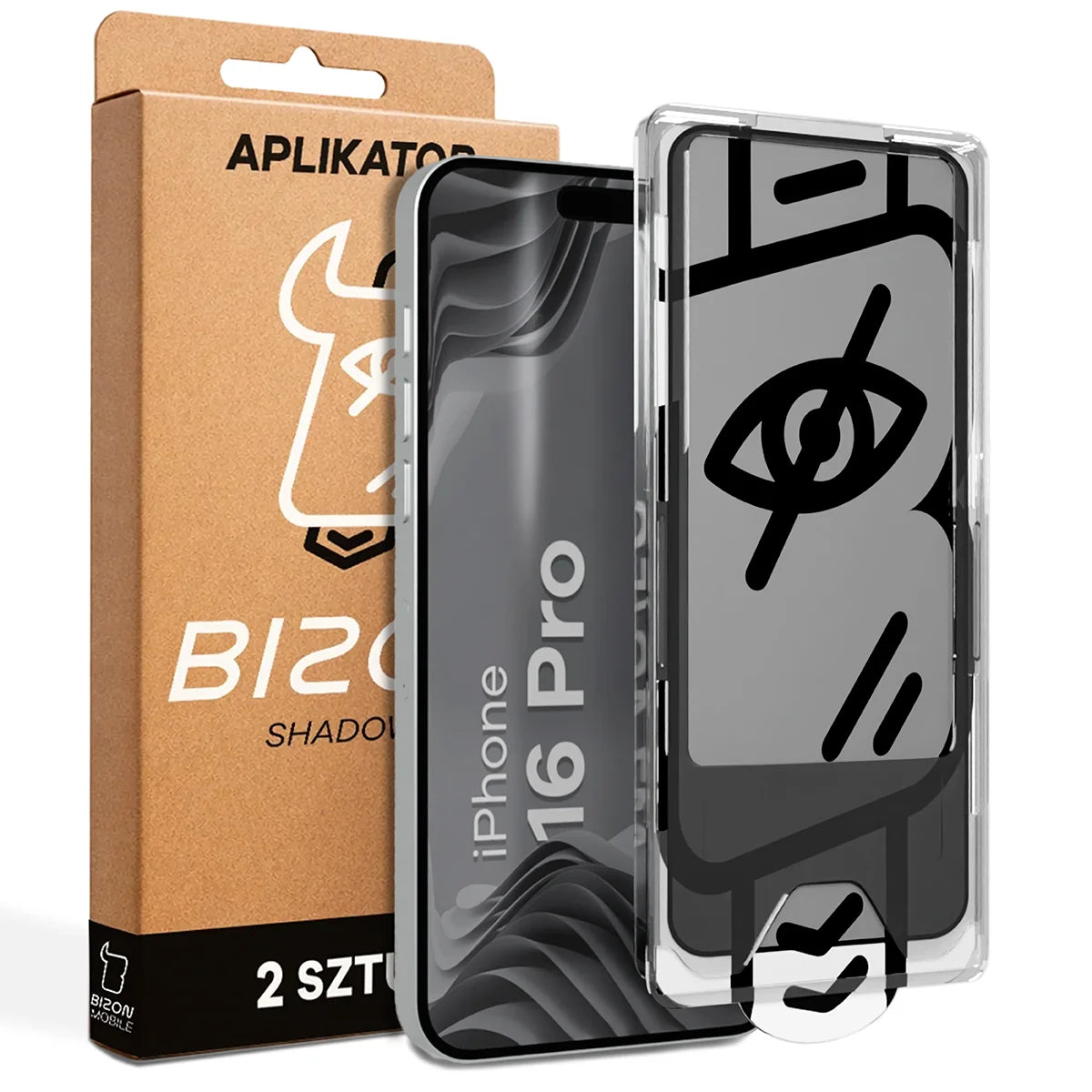 Gehärtetes Glas mit Privatschutzfilter und Applikationsrahmen für iPhone 16 Pro, Bizon Glass Aplikator Shadow, 2 Sets