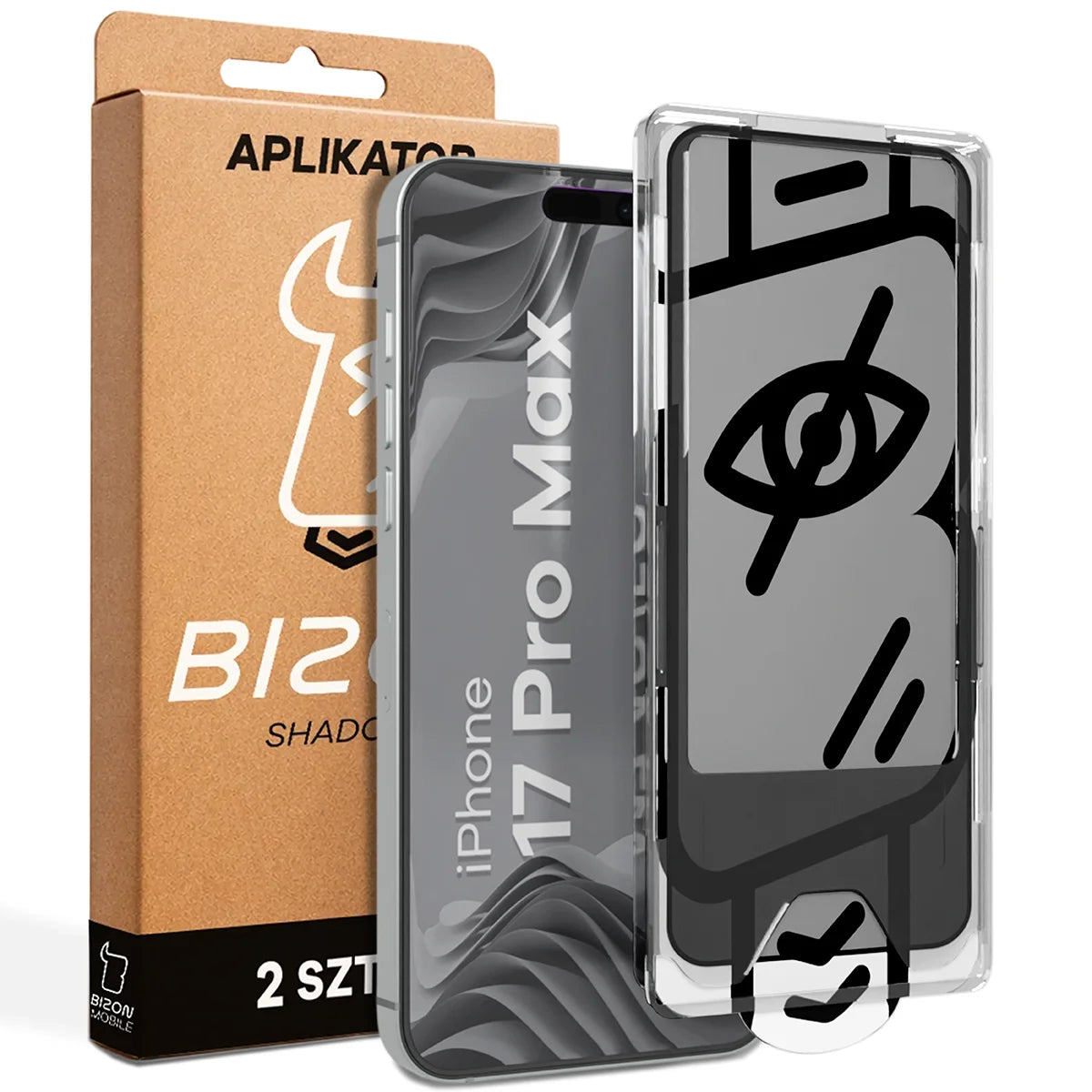 Gehärtetes Glas mit Privatschutzfilter und Applikationsrahmen für iPhone 17 Pro Max, Bizon Glass Aplikator Shadow, 2 Sets