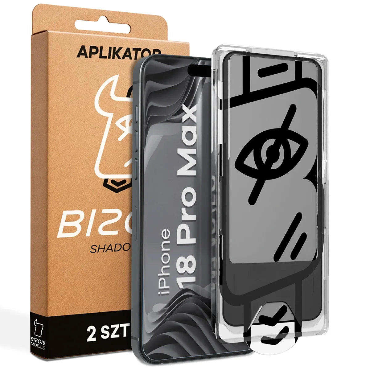 Gehärtetes Glas mit Privatschutzfilter und Applikationsrahmen für iPhone 18 Pro Max, Bizon Glass Aplikator Shadow, 2 Sets (1/7)