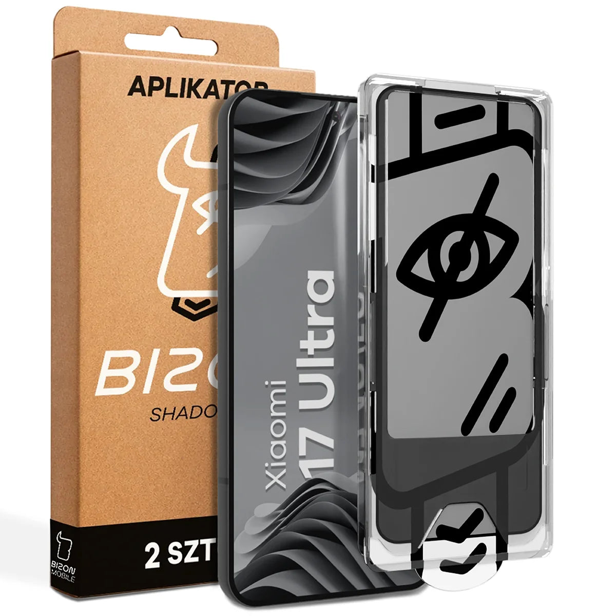 Gehärtetes Glas mit Privatschutzfilter und Applikationsrahmen für Xiaomi 17 Ultra, Bizon Glass Aplikator Shadow, 2 Sets