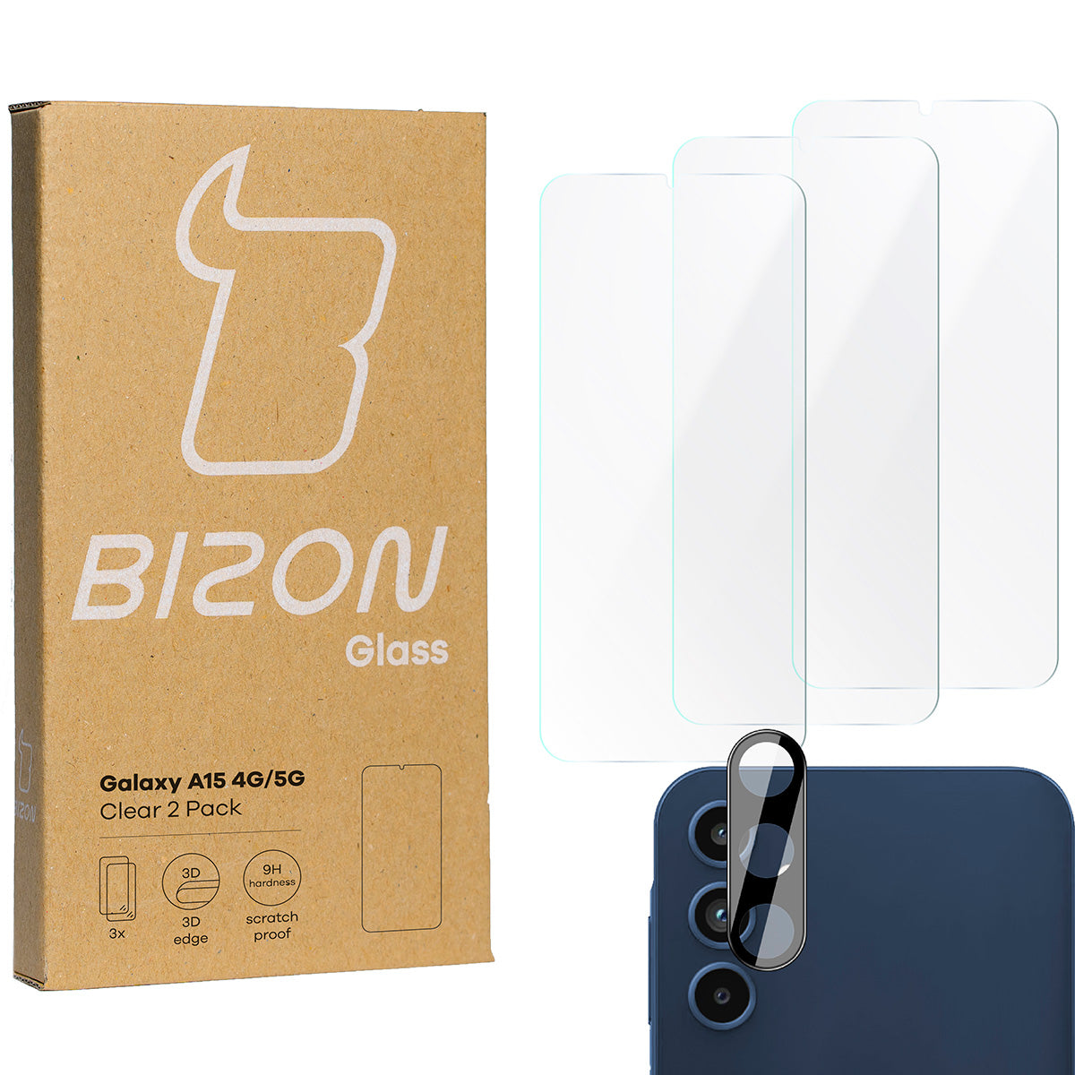 Gehärtetes Glas - 3 Stück + Kameraschutz für Galaxy A15 4G/5G, Bizon Glass Clear Pack