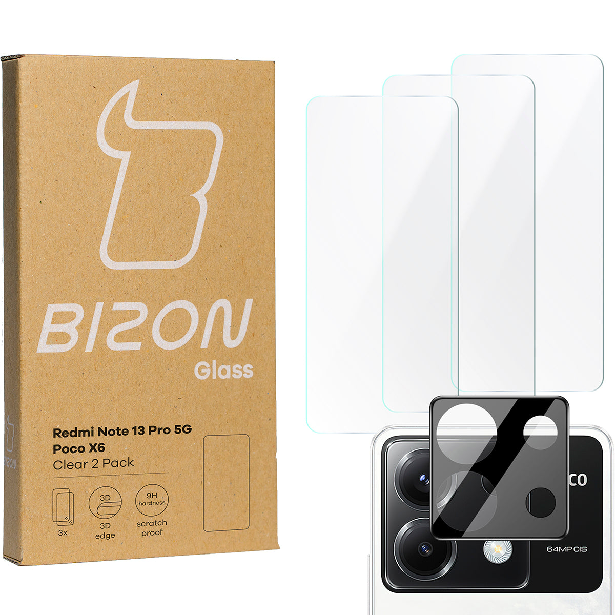 Gehärtetes Glas - 3 Stück + Kameraschutz für Xiaomi Poco X6 / Redmi Note 13 Pro 5G, Bizon Glass Clear Pack