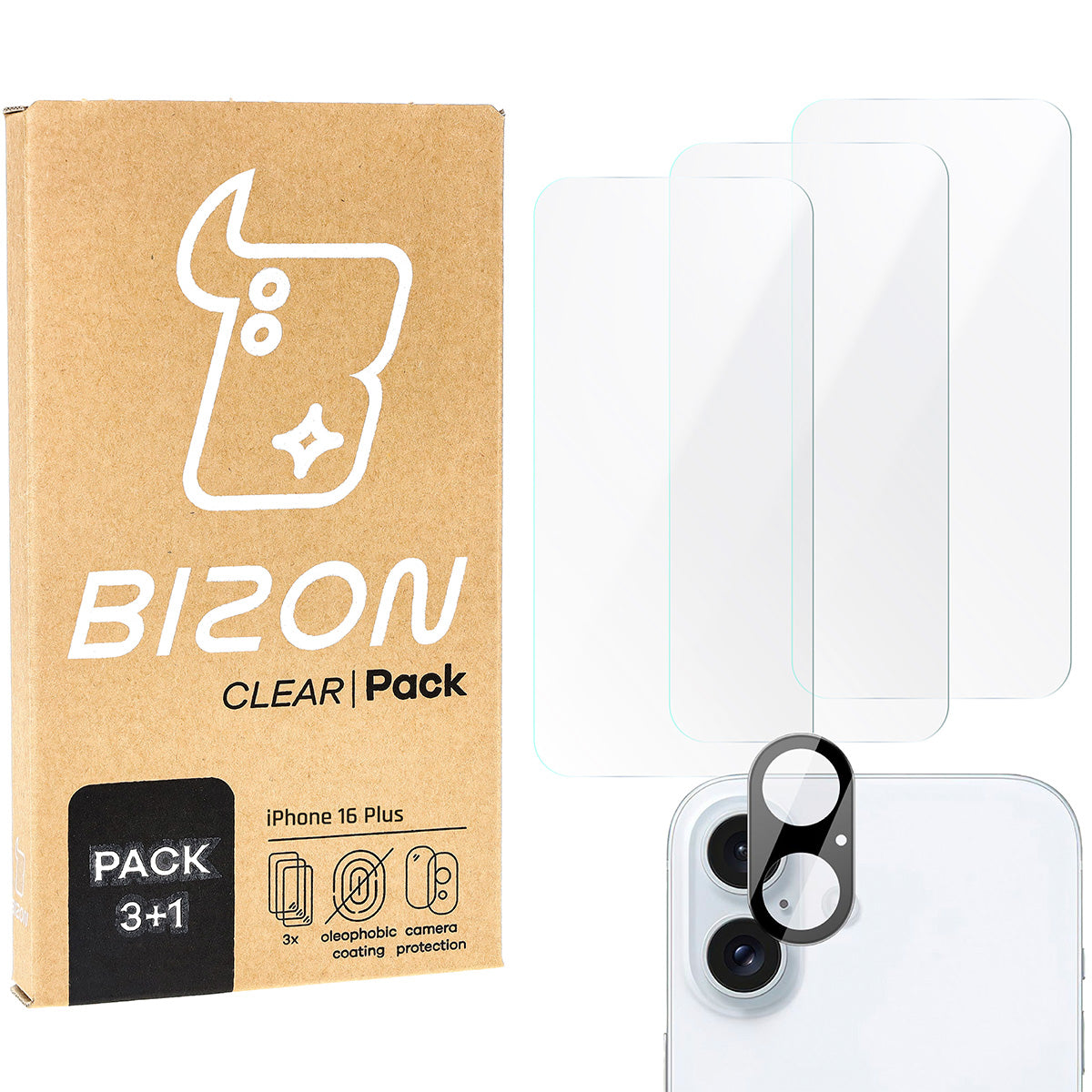Gehärtetes Glas - 3 Stück + Kameraschutz für iPhone 16 Plus, Bizon Glass Clear Pack