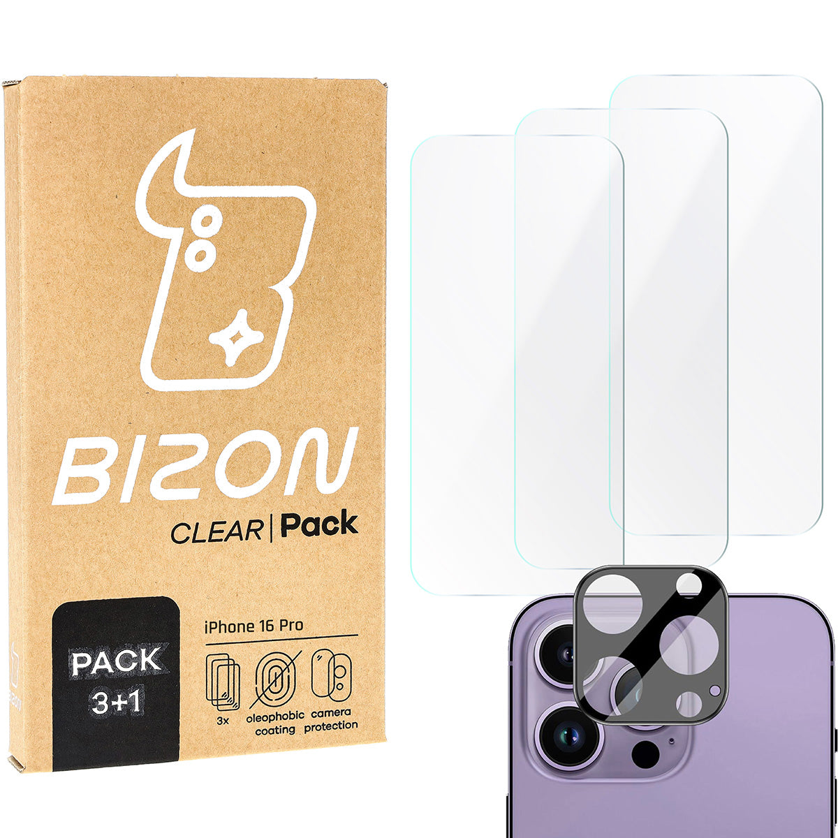 Gehärtetes Glas - 3 Stück + Kameraschutz für iPhone 16 Pro Max, Bizon Glass Clear Pack