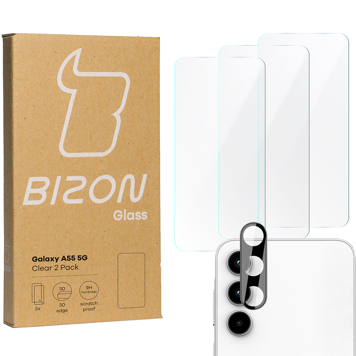 Gehärtetes Glas - 3 Stück + Kameraschutz für Galaxy A55 5G, Bizon Glass Clear Pack
