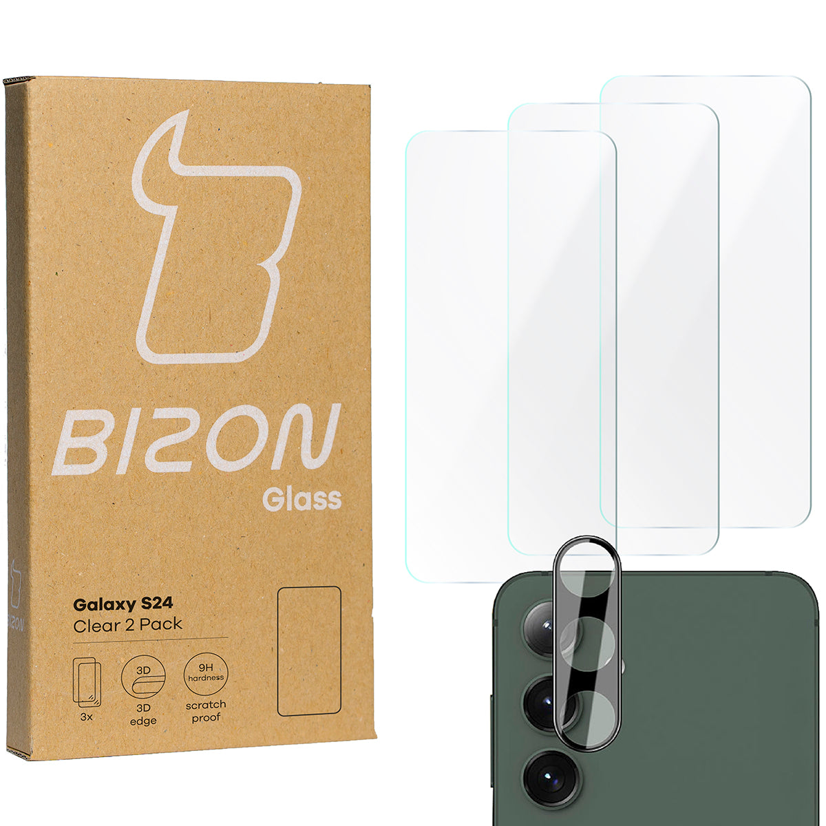 Gehärtetes Glas - 3 Stück + Kameraschutz für Galaxy S24, Bizon Glass Clear Pack