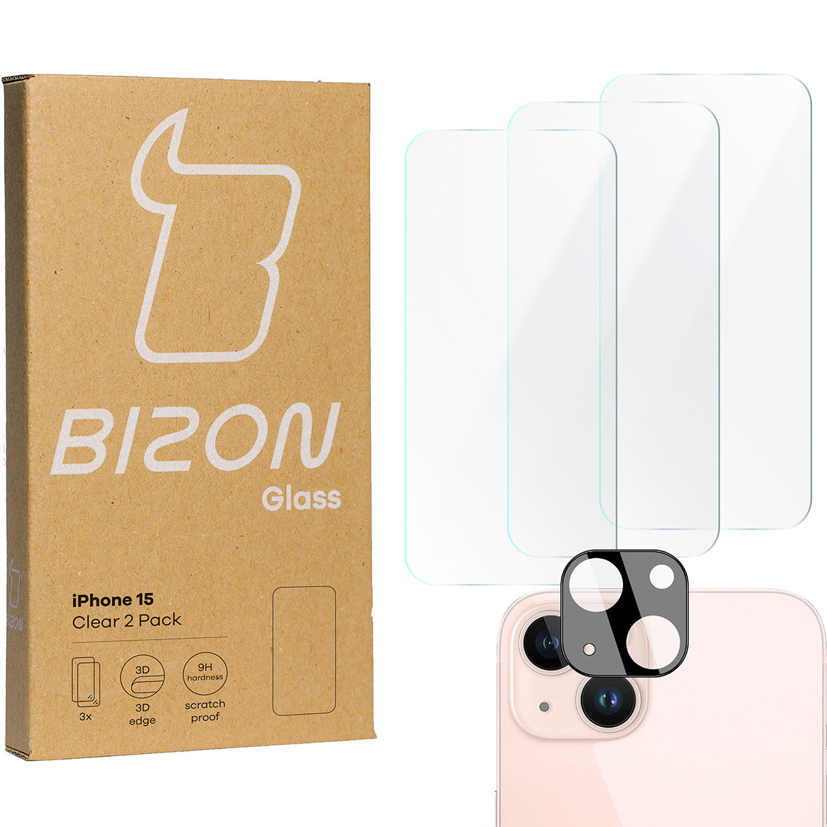 Gehärtetes Glas Bizon Glass Clear Pack - 3 Stück + Kameraschutz, iPhone 15