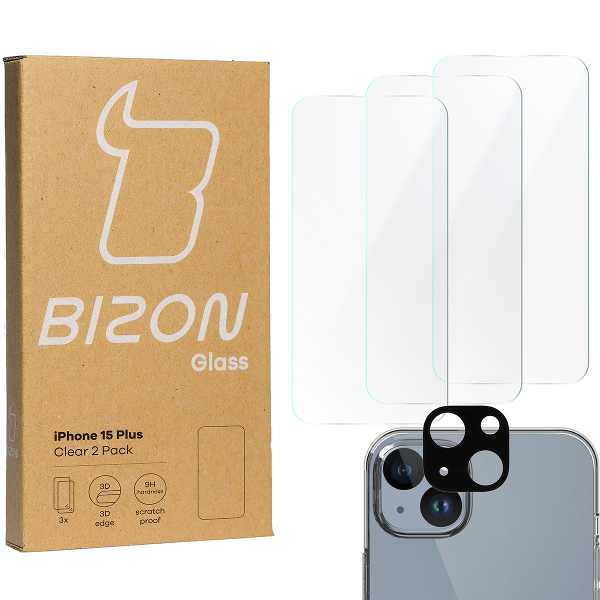Gehärtetes Glas Bizon Glass Clear Pack - 3 Stück + Kameraschutz, iPhone 15 Plus