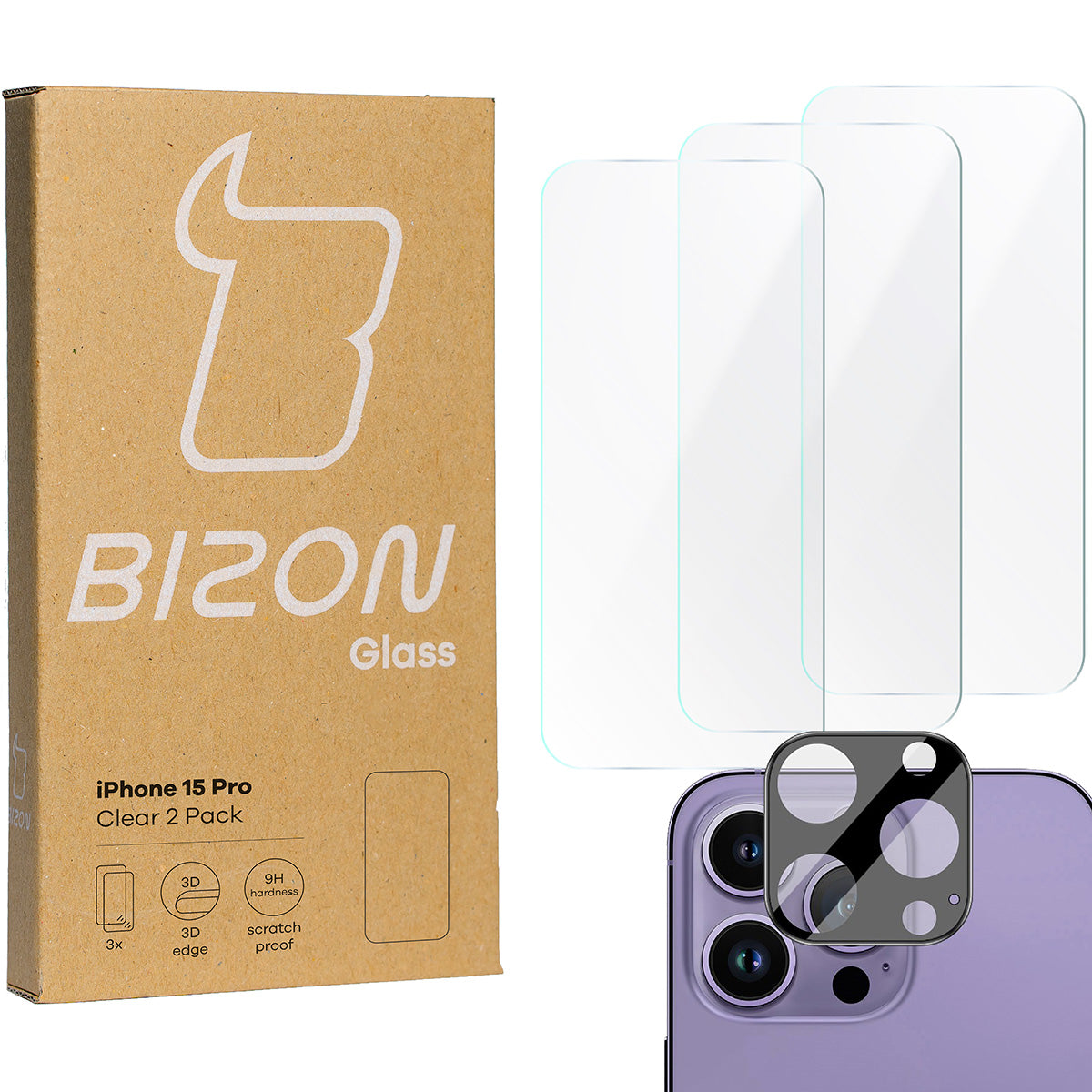 Gehärtetes Glas Bizon Glass Clear Pack - 3 Stück + Kameraschutz, iPhone 15 Pro