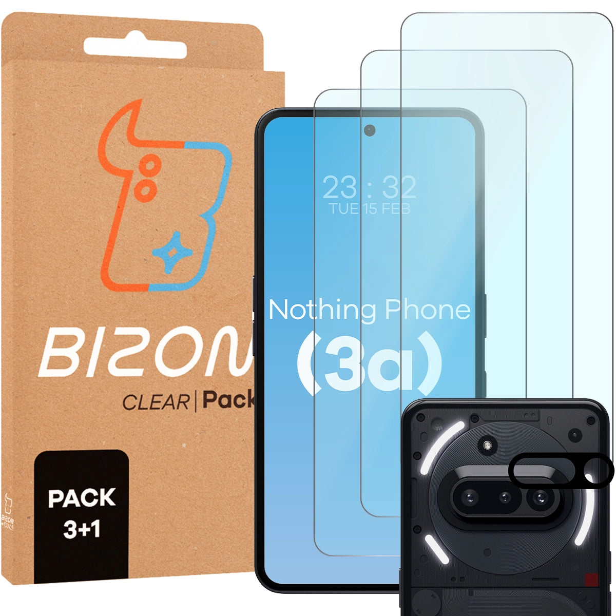 Gehärtetes Glas - 3 Stück + Kameraschutz für Nothing Phone (3a), Bizon Glass Clear Pack