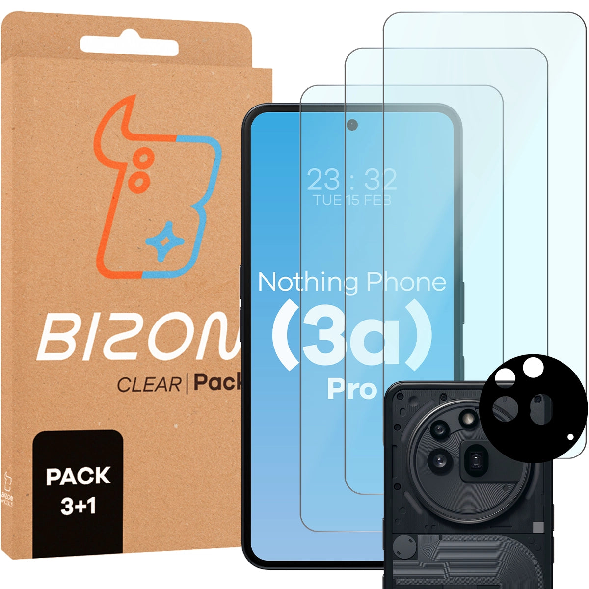Gehärtetes Glas - 3 Stück + Kameraschutz für Nothing Phone (3a) Pro, Bizon Glass Clear Pack