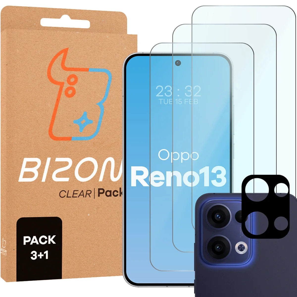 Gehärtetes Glas - 3 Stück + Kameraschutz für Oppo Reno13, Bizon Glass Clear Pack