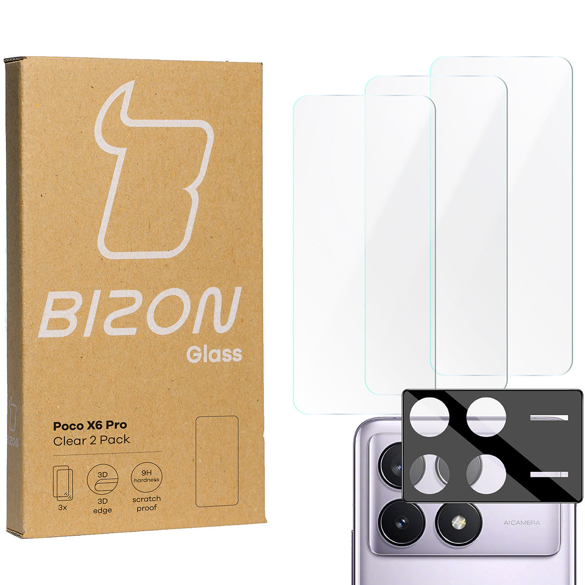 Gehärtetes Glas - 3 Stück + Kameraschutz für Xiaomi Poco X6 Pro, Bizon Glass Clear Pack